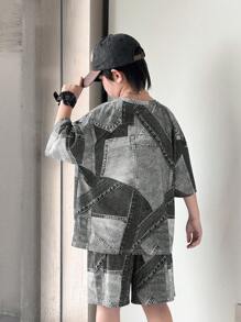 SHEIN 2 件套青少年男童休闲韩版宽松字母牛仔印花圆领短袖 T 恤和短裤套装，适合通勤、上学、日常休闲、运动、春夏季