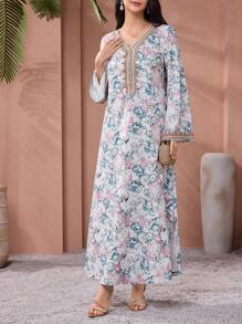 SHEIN Najma Women's Floral Print, Crochet Patchwork, Long Sleeve Dress, Modest Elegant A Line Kaftan & Jalabiya Dress, For Evening Party/Wedding Guest/Anniversary/Daily Wear - Multicolor - View 5