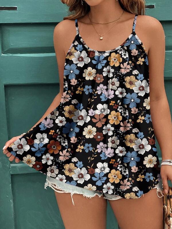 EMERY ROSE Plus Size Women Floral Pattern Casual Elegant Camisole And Tank Top Suitable For Music Festival, Mother's Day, Summer Vacation