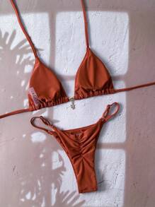 Swim Chiccia 女士夏季纯色金属吊坠首饰性感抹胸比基尼套装 - 鏽棕色 - 查看 2