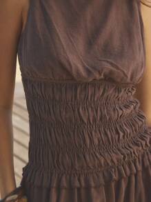 Aralina 褶饰腰部鼠尾草迷你无袖飘逸时尚夏季连衣裙