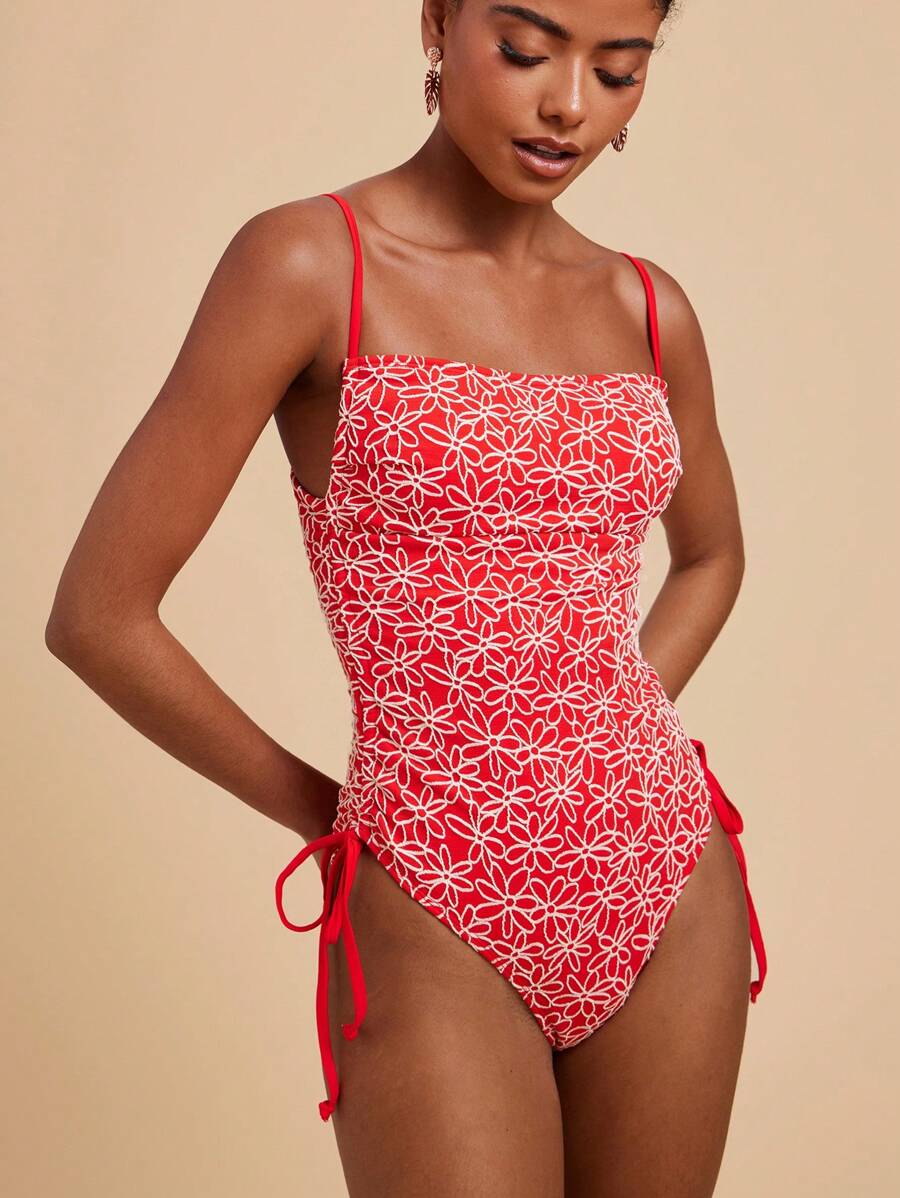 Travachic بدلة سباحة نسائية حريرية ذات أربطة رفيعة وطية كاملة الطباعة على السطح الكامل