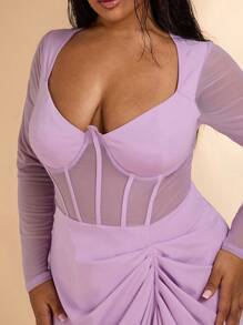 SHEIN BAE Plus Size Black Elegant Sexy Corset Structure Maxi Dress Mesh Long Sleeve Maxi Dress Split Hem Maxi Dress Ruched Maxi Dress Mardi Gras/Mardi Gras Outfit Easter Valentine's Day/Valentine's Gifts Fitted, Plain Dress Women's Basic Dress Western Women's Dresses Summer Dress Tight Dress Easter Spring Clothes - Mauve Purple - View 6