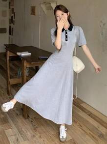 DAZY 女式夏季休闲撞色马球领纯色中长连衣裙 - 灰色 - 查看 4