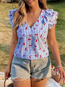 Flirla 大码V领荷叶边盖袖格子数码女式衬衫