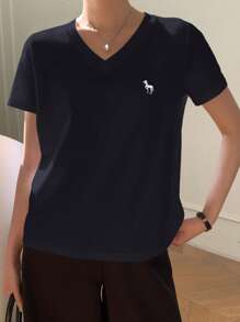 DAZY 女士V领刺绣休闲短袖T恤 - 藏蓝色 - 查看 4