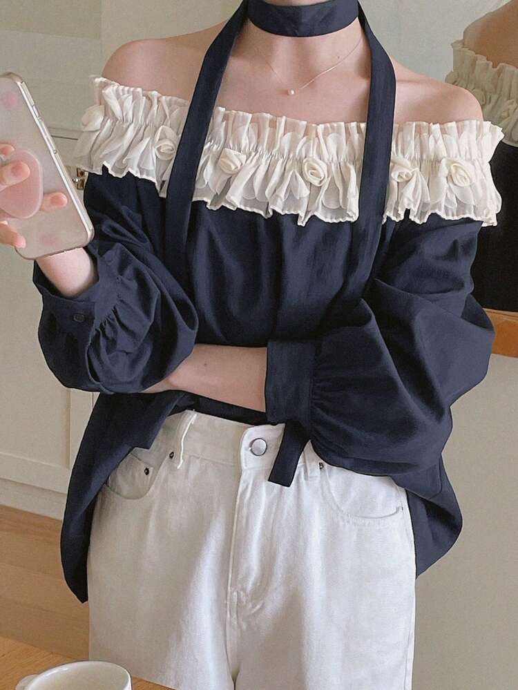 Women's Contrast Color Ruffle Off Shoulder Long Sleeve Loose Casual Vacation Blouse Shirt, Autumn