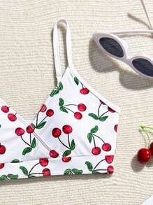 SHEIN Tween Girls Cute Cherry Print Bikini Swimsuit Set  With Pleated Side Drawstring Beach Skirt Summer Holiday - White - View 3