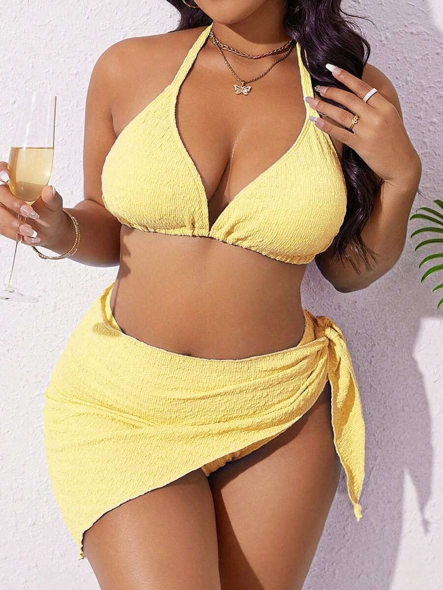 Swim Basics Bộ 3 mảnh bikini hở lưng màu trơn cỡ lớn cho nữ - Màu vàng - Xem 1