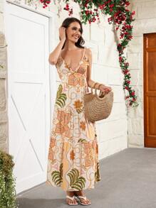 Swim Oasis Ladies' Floral Print Backless Waist Ruffle Hem Maxi Vacation Dress