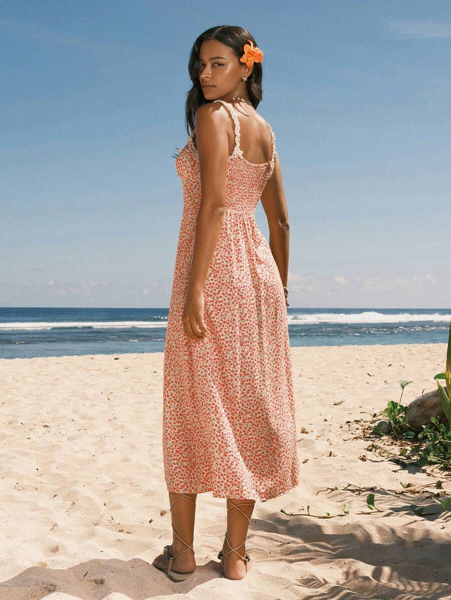 Easelle Romantic Ditsy Floral A-Line Cami Dress With Waist Cincher, For Holiday And Outdoor - Multicolor - View 1
