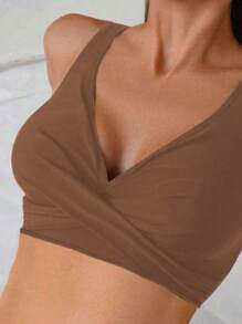 SHEIN New V-Neck Solid Color High Waist Bikini 2 Pieces Sets, Beach Summer Outfits For Women Beige Brown Low Rise - Brown - View 5