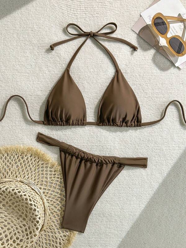 SHEIN Women's Solid Color Halter Tie-Up Backless Sexy Bikini Set