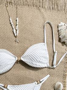 SHEIN Swim 纯色无钢圈细肩带金属装饰后背系带短款上衣和泳裤女式夏季海滩度假两件套比基尼套装