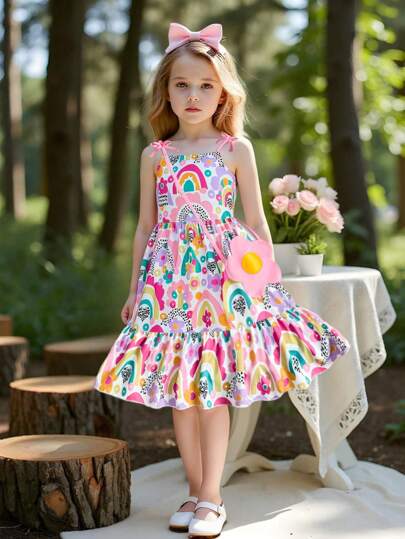 Elladie kids Vestido de niña con estampado arcoíris y volantes en el bajo, con bolso decorado con flores, conjunto casual para uso diario y vacaciones