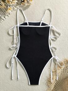 Swim Vcay Women Textured Fabric One-Piece Backless Swimsuit With Drawstrings, Slim Fit, Summer - Black - View 7