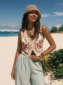 Easelle Floral Embroidered Casual Vest For Women, Suitable For Holiday & Outdoor In Fall/Winter - Apricot - View 5
