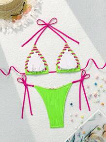 SHEIN Swim Women Neon Green Halter Tie Sexy Bikini Swimsuit Set, Summer Beach