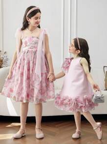 Vestido elegante con estampado floral y decoración de lazo para niñas preadolescentes