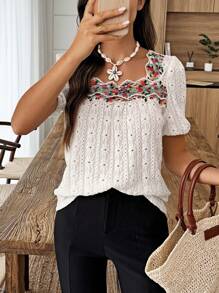 SHEINBlues Camiseta de mujer con bordado floral, parches y jacquard, un diseño de moda para vacaciones - Albaricoque - Ver 3