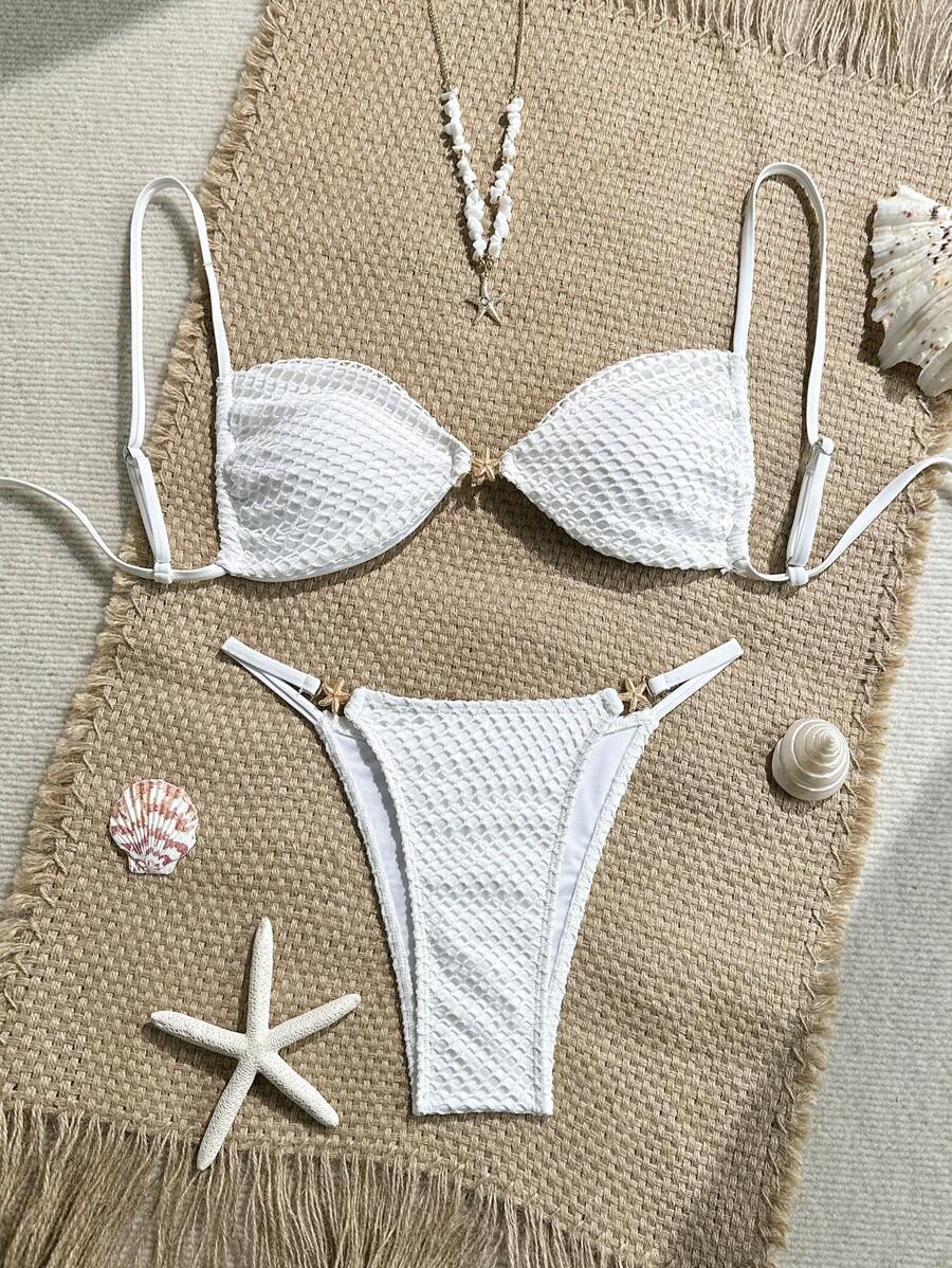 SHEIN Swim 纯色无钢圈细肩带金属装饰后背系带短款上衣和泳裤女式夏季海滩度假两件套比基尼套装