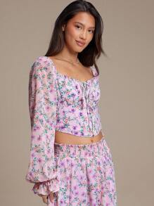 WESTFADE Spring Printed Chiffon Sweetheart Neck Bow Front Long Sleeve Crop Top - Pink - View 4