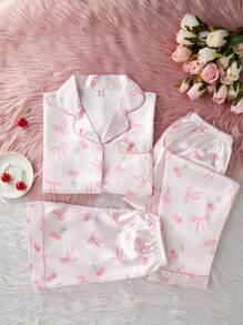 Conjunto de 3 piezas para niña preadolescente con estampado de cerezas y lazos - Cárdigan de manga corta con pantalones cortos y pantalones, estilo dulce, ropa informal y cómoda de vuelta a la escuela - Rosa - Ver 6