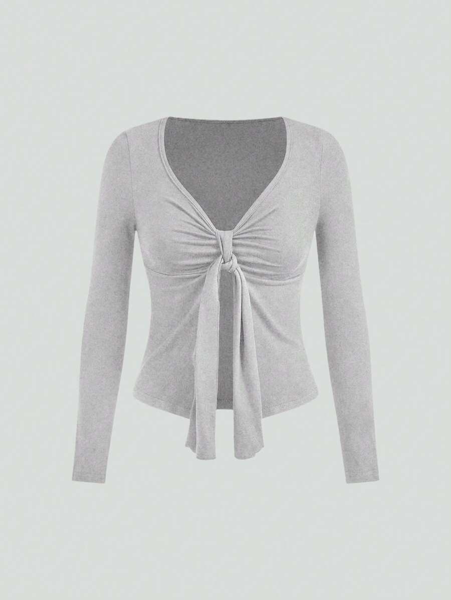 Sweetra 1 件女式纯色长袖 T 恤，简约时尚休闲日常穿着 - 淺灰色 - 查看 1