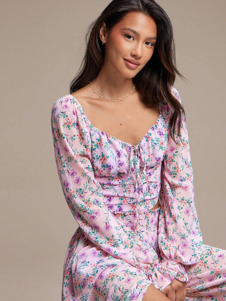 WESTFADE Spring Printed Chiffon Sweetheart Neck Bow Front Long Sleeve Crop Top - Pink - View 1