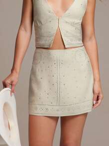 WESTFADE Summer Shine Linen Blend High Waist Fitted Country Western Cowgirl Rhinestone Embellished Mini Skirt Boho Spring Festival Nashville Vacation - Apricot - View 4