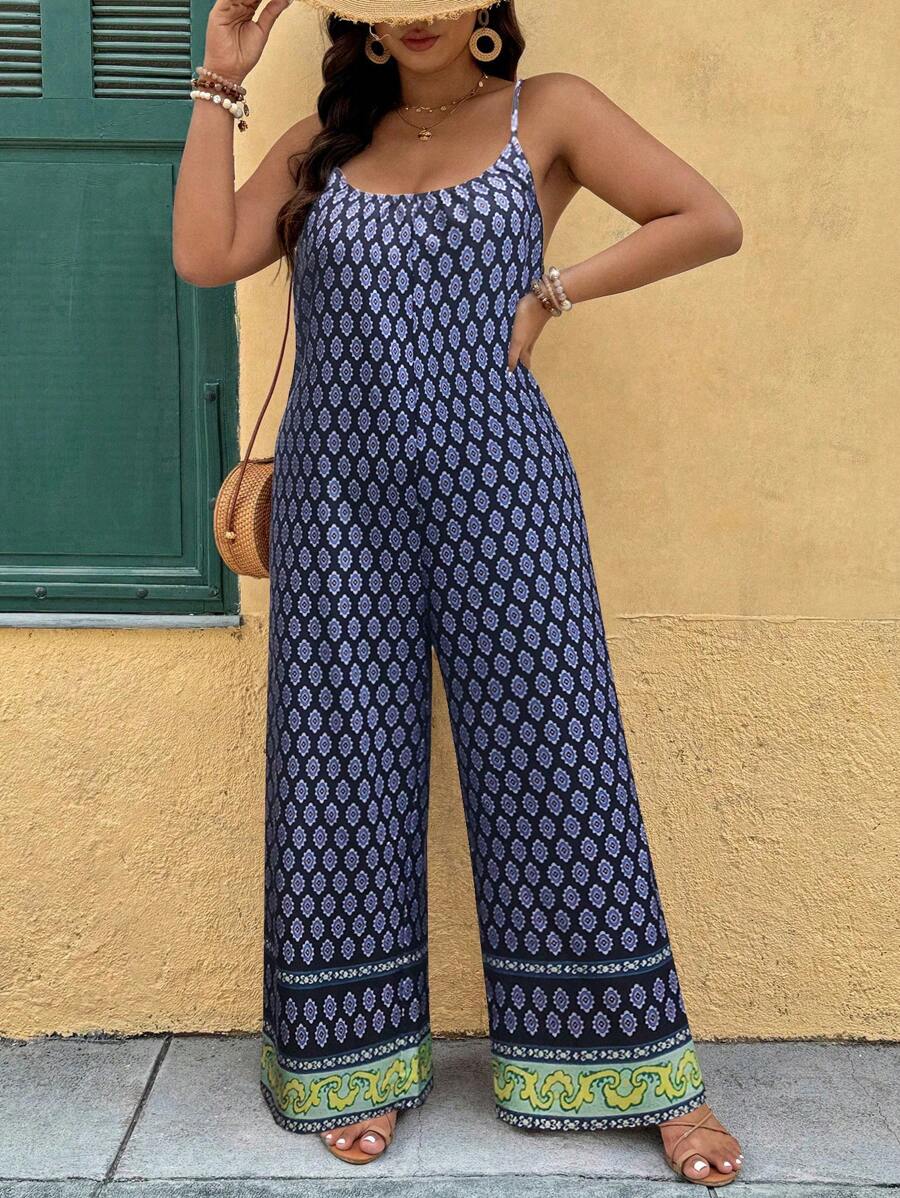 SHEIN LUNE Plus Size Women's Bohemian Retro Print Sleeveless Jumpsuit, Spring/Summer - Multicolor - View 1