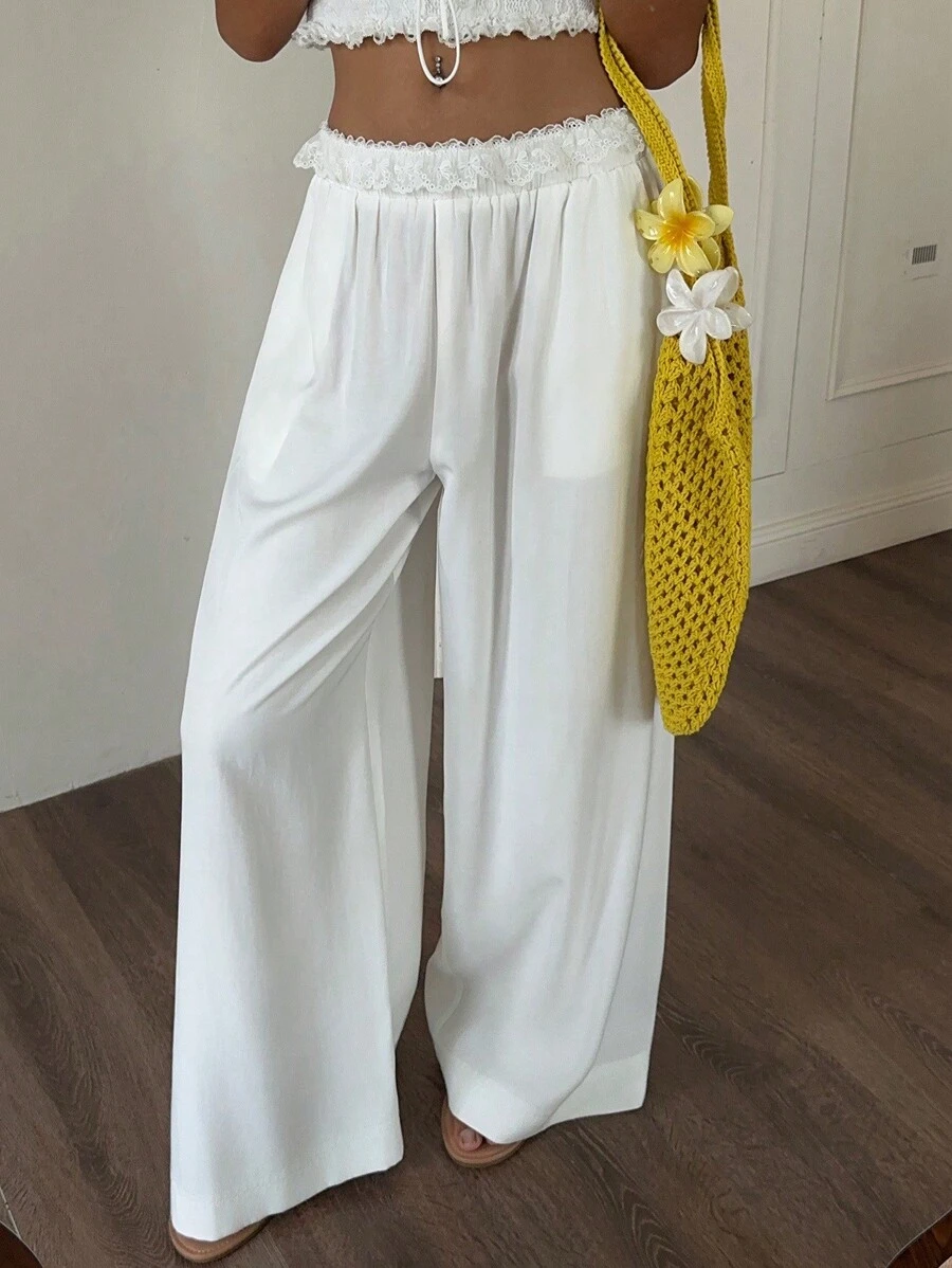 Sunnyshic 蕾丝腰带闪光喇叭裤 - 白色 - 查看 1
