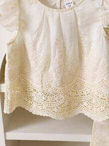 SHEIN 2pcs/Set Young Girl Vacation Casual Solid Embroidery Blouse And Pants Set - White - View 4