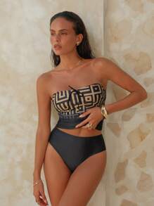 Swim Chiccia 2pcs/Set New Spring/Summer Detachable Strap Ruched Top & Black Triangle Bottoms Casual Holiday Party Women Vest Strap Bikini Swimsuit Beach Wear Set - Multicolor - View 4