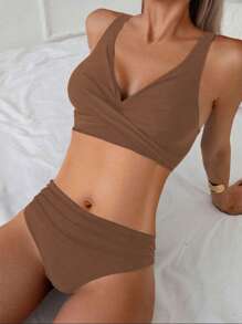 SHEIN New V-Neck Solid Color High Waist Bikini 2 Pieces Sets, Beach Summer Outfits For Women Beige Brown Low Rise - Brown - View 3