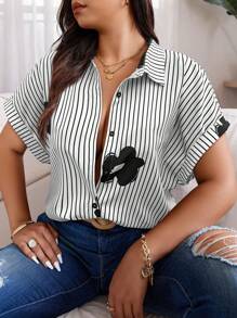 Weeklong Áo thun tay cánh dơi in họa tiết sọc hoa mùa hè cỡ lớn cho kỳ nghỉ thường ngày - Đen và trắng - Xem 4