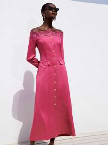 SHEIN Privé Black Contrast Lace Off Shoulder Single Breasted Flap Pocket Elegant Intellectual Long Sleeve Dress Fall Cloth For Women - Hot Pink - View 3