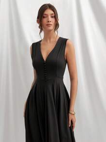 L'Amorae Summer Women Outfit, Elegant Red Scuba V-Neck Long Dress With Buttons, Wedding - Olive Green - View 3