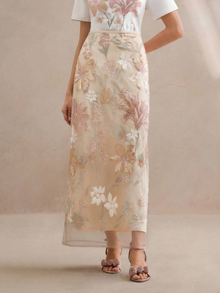 Elegant Sequin Embroidered Plus Size A-Line Midi Skirt, Chic Design, Spring/Summer