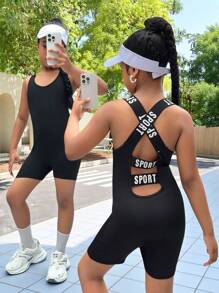 SHEIN Tween Girls Cross Strap Decor Sleeveless Jumpsuit - Black - View 10