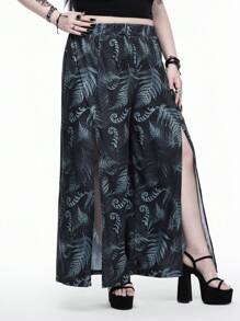 ROMWE Goth Plus Size Women Gothic Leaf Allover Print Elastic Waist Long Split Hem Beach Pants, Vacation