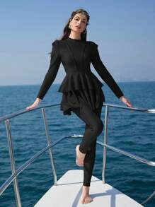 Swim Shayni Bộ đồ Burkini dài tay nhiều lớp màu trơn cho nữ và quần dài - màu đen - Xem 5