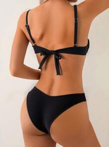 Swim Basics Women's Elegant Solid Color Padded Backless Bikini Set, With Ruched Triangle Bottoms For Summer Beach Vacation - Black - View 2