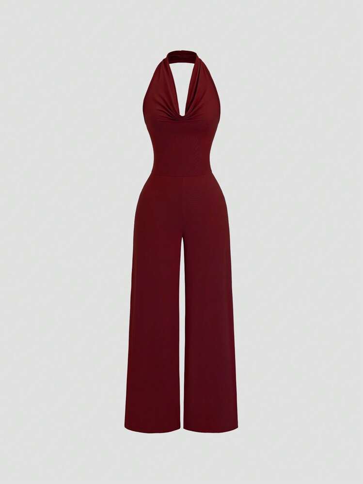 Sweetra Combinaison femme ajustée à encolure ras-du-cou et dos nu avec jambes larges, couleur abricot