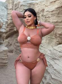 Swim Lushoire 大码纯色金属装饰细肩带比基尼套装