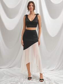 L'Amorae Elegant Colorblock White/Black Satin Chiffon Asymmetric Flowy Formal Skirt, Brunch, Summer, Wedding Guest Skirt - Black and White - View 3