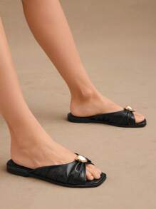 SHUZIA 女士舒适平底日常休闲基本款一脚蹬PU黑色拖鞋 - 黑色 - 查看 3