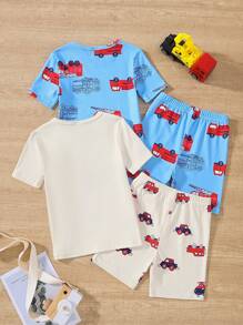 SHEIN 4 件套小男孩卡通汽车图案弹性柔软舒适针织面料短袖 T 恤和短裤睡衣套装，浅桃色和蓝色