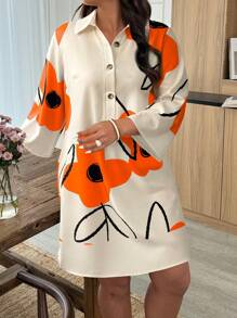 Weeklong Plus Size Floral Print Front Button Vacation Casual Dress Fall - Multicolor - View 4