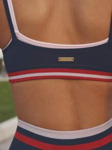 Aralina Bộ đồ thể thao 2 món áo hai dây họa tiết sọc và quần dài in họa tiết khối màu dành cho nữ - Màu xanh hải quân - Xem 4